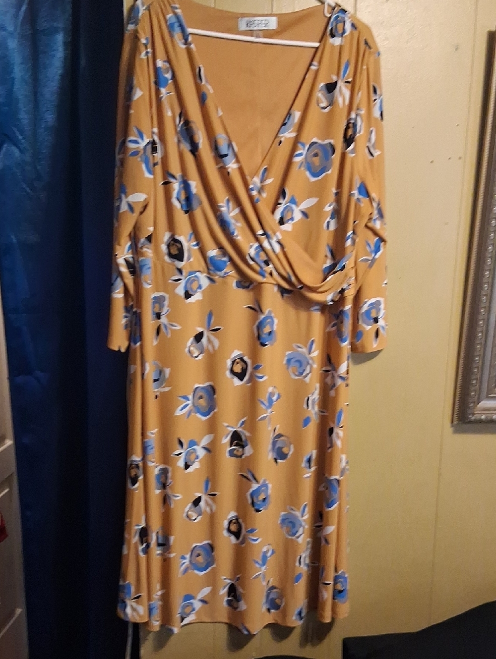 Kasper Mustard Floral Faux-Wrap Midi Dress with Blue Blooms